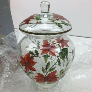 Holiday Spirit Poinsettia Hand Painted Crackle Glass Mouth Blown Covered Jar 9"